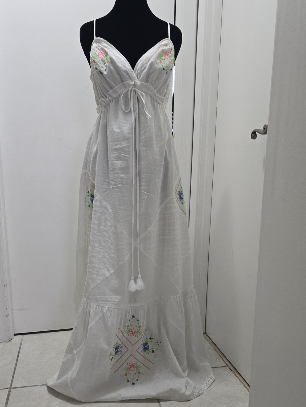 Lovestitch White Embroidered Maxi Slip Dress with Floral Accents